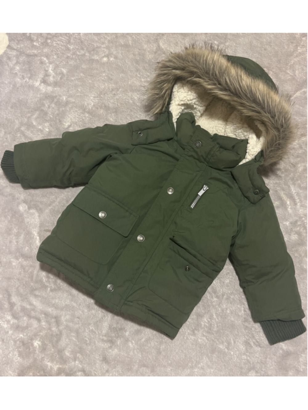 Boys Old Navy Water Resistant Hooded Snow Puffer Jacket 2T Green Faux Fur UNISEX - Picture 2 of 10